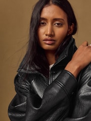 Black Faux Leather Funnel Neck Bomber Jacket - Image 10 of 13