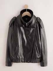 Black Faux Leather Funnel Neck Bomber Jacket - Image 11 of 13