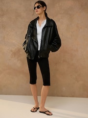 কালো - Faux Leather Funnel Neck Bomber Jacket - 9এর মধ্যে 3 ছবি