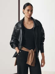কালো - Faux Leather Funnel Neck Bomber Jacket - 9এর মধ্যে 4 ছবি