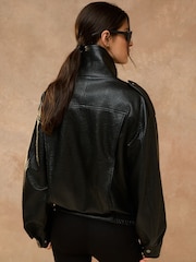 কালো - Faux Leather Funnel Neck Bomber Jacket - 9এর মধ্যে 5 ছবি