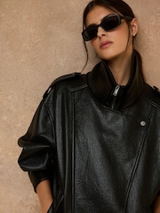 কালো - Faux Leather Funnel Neck Bomber Jacket - 9এর মধ্যে 6 ছবি