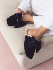 Navy Velvet Bow Mule Slippers - Image 1 of 9