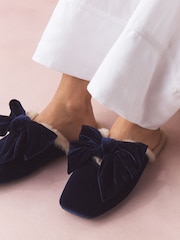 Navy Velvet Bow Mule Slippers - Image 3 of 9