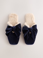 Navy Velvet Bow Mule Slippers - Image 4 of 9
