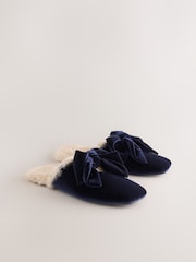 Navy Velvet Bow Mule Slippers - Image 5 of 9