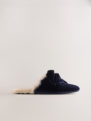 Navy Velvet Bow Mule Slippers - Image 6 of 9