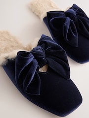 Navy Velvet Bow Mule Slippers - Image 8 of 9