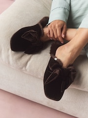 Chocolate Brown Velvet Bow Mule Slippers - Image 1 of 9