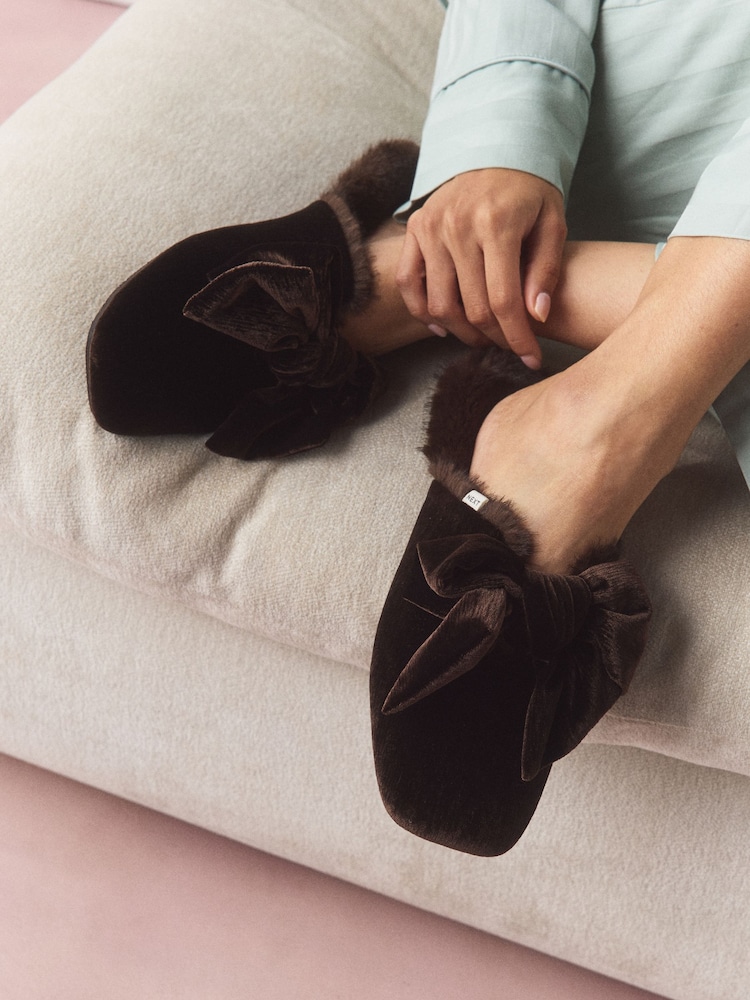 Chocolate Brown Velvet Bow Mule Slippers - Image 1 of 9 Chocolate Brown Velvet Bow Mule Slippers - Image 1 of 9
