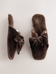 Chocolate Brown Velvet Bow Mule Slippers - Image 4 of 9