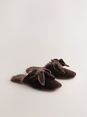 Chocolate Brown Velvet Bow Mule Slippers - Image 5 of 9