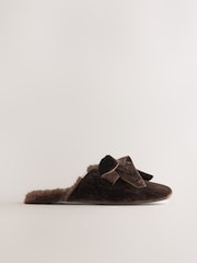 Chocolate Brown Velvet Bow Mule Slippers - Image 6 of 9