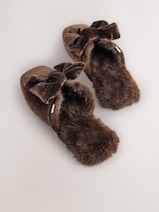 Chocolate Brown Velvet Bow Mule Slippers - Image 7 of 9