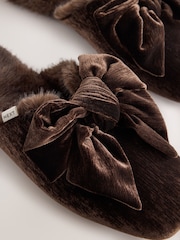 Chocolate Brown Velvet Bow Mule Slippers - Image 8 of 9