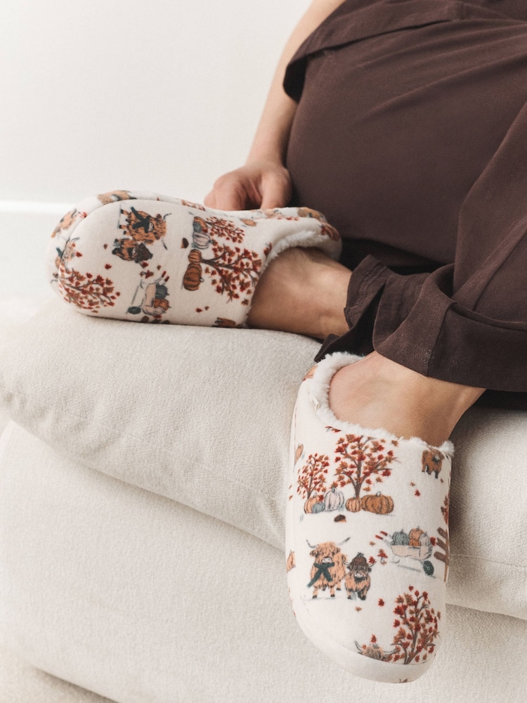 Cream/Orange Plush Mule Printed Slippers - Image 1 of 8