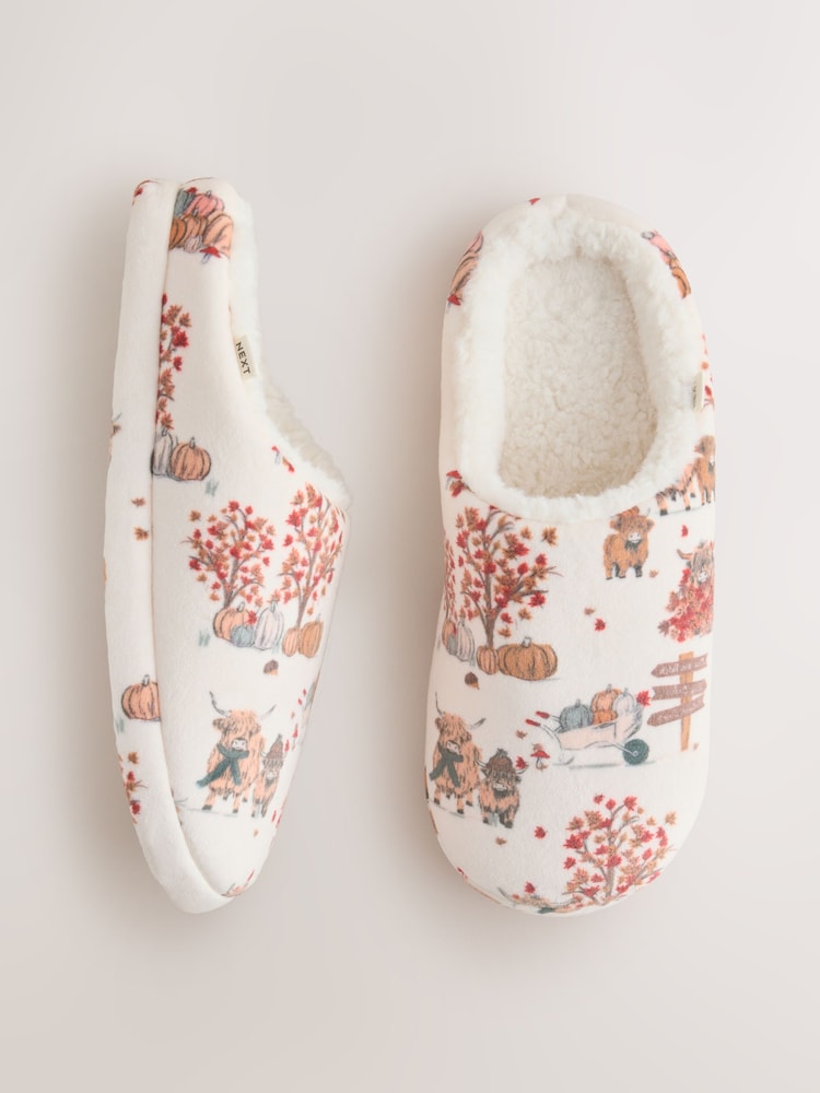Cream/Orange Plush Mule Printed Slippers - Image 2 of 8