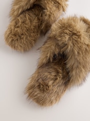 Tan Brown Faux Fur Open Toe Mule Slippers - Image 9 of 9