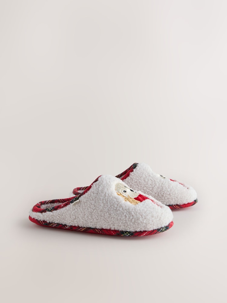 Cream/Red Charlie Mule Borg Slippers - Image 2 of 5 Cream/Red Charlie Mule Borg Slippers - Image 2 of 5