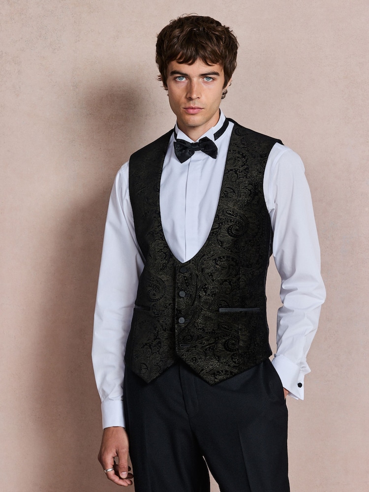 Black/Gold Paisley Cotton Velvet Waistcoat - Image 1 of 10 Black/Gold Paisley Cotton Velvet Waistcoat - Image 1 of 10