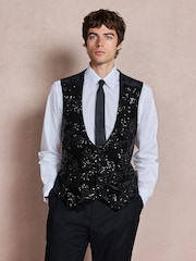 Black Sequin Cotton Velvet Waistcoat - Image 1 of 9