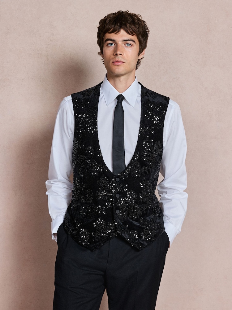 Black Sequin Cotton Velvet Waistcoat - Image 1 of 9 Black Sequin Cotton Velvet Waistcoat - Image 1 of 9