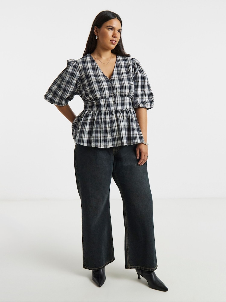 Simply Be Black Puff Sleeve Tea Blouse - Image 1 of 4 Simply Be Black Puff Sleeve Tea Blouse - Image 1 of 4