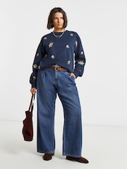 Simply Be Blue Embroidered Ditsy Heart and Floral Sweatshirt - Image 3 of 4