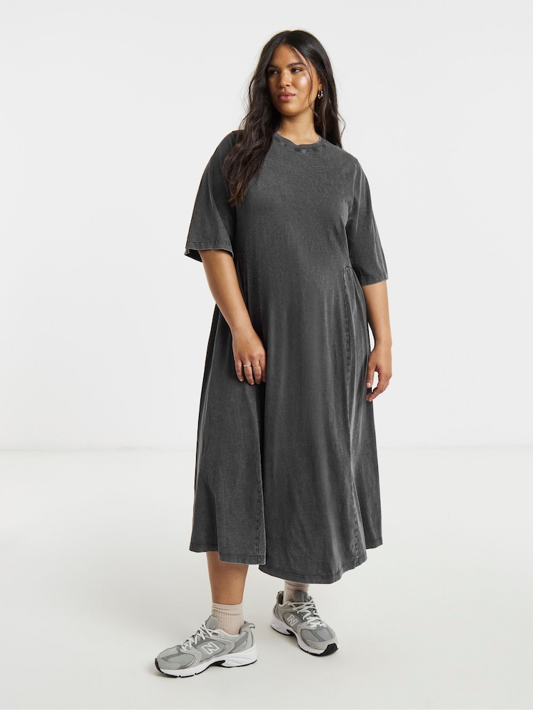 Simply Be Grey Acid Wash Waist Detail Midi Dress - Image 1 of 4