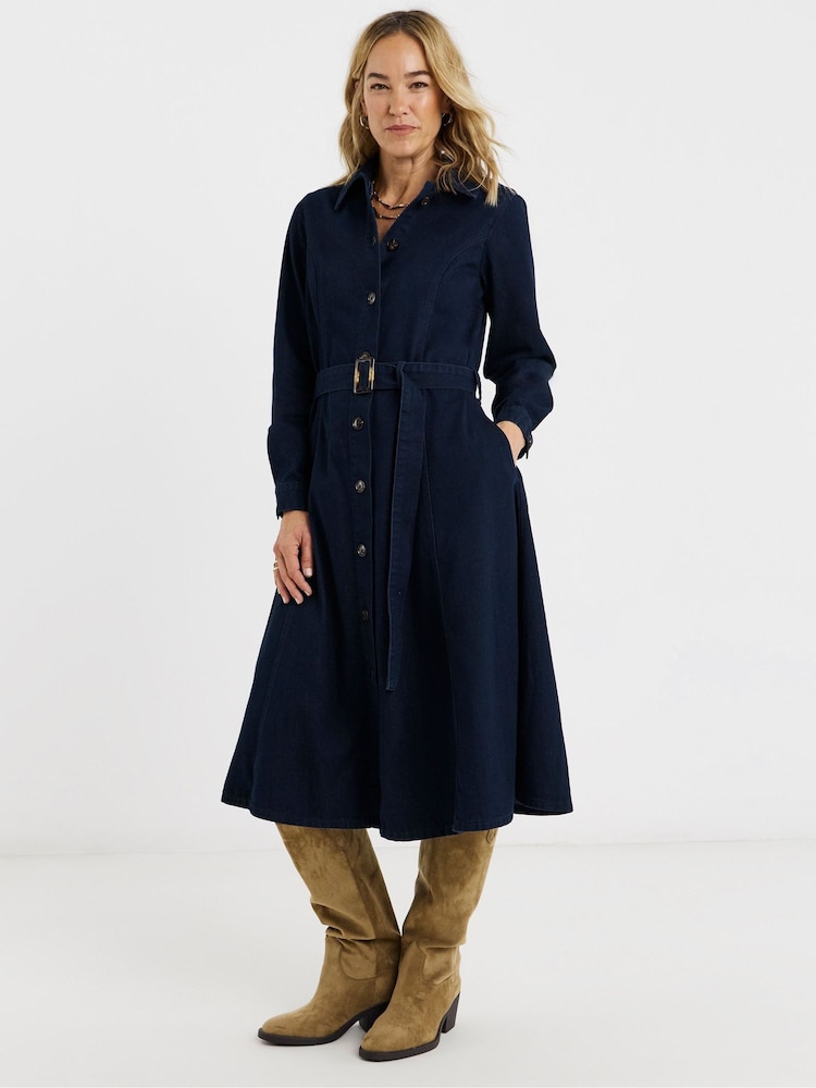 JD Williams Blue Long Sleeve Belted Denim Midi Dress - Image 1 of 4