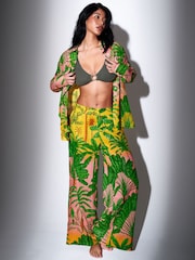 South Beach Green Metallic Stripe Palm Printed Wide Leg Beach Trousers - Image 1 of 5