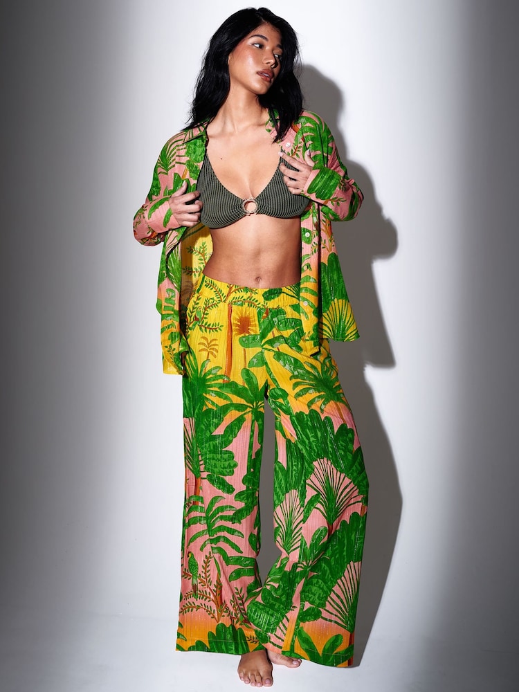 South Beach Green Metallic Stripe Palm Printed Wide Leg Beach Trousers - Image 1 of 5