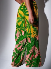 South Beach Green Metallic Stripe Palm Printed Wide Leg Beach Trousers - Image 2 of 5