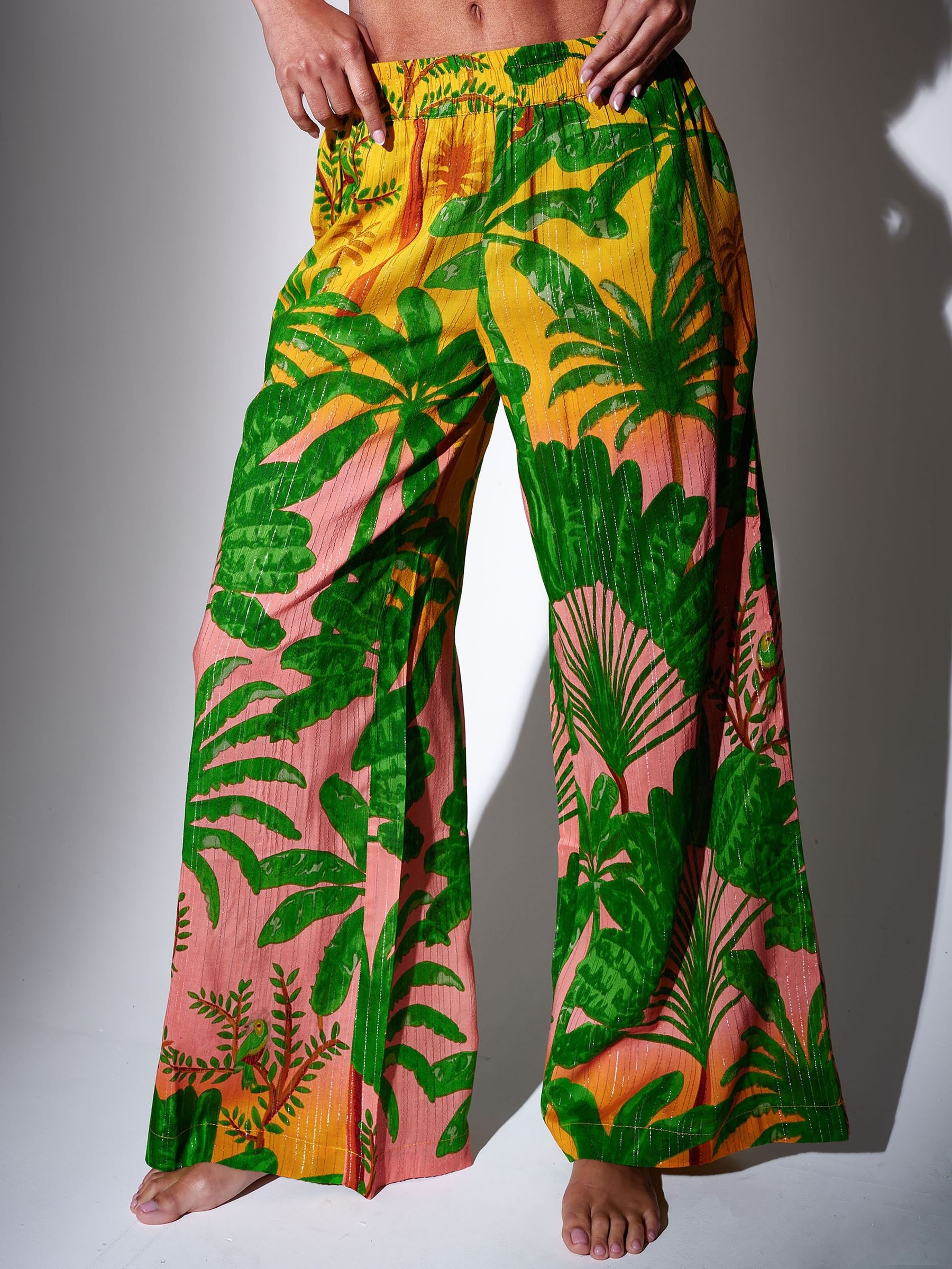 Buy South Beach Green Metallic Stripe Palm Printed Wide Leg Beach