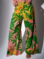 South Beach Green Metallic Stripe Palm Printed Wide Leg Beach Trousers - Image 3 of 5