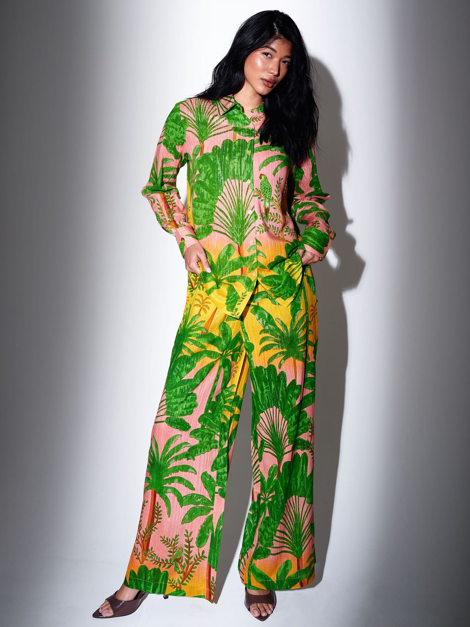 Buy South Beach Green Metallic Stripe Palm Printed Wide Leg Beach