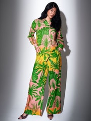 South Beach Green Metallic Stripe Palm Printed Wide Leg Beach Trousers - Image 4 of 5