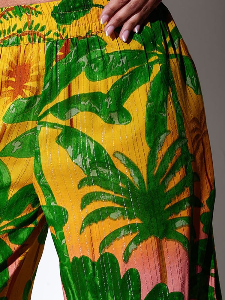 South Beach Green Metallic Stripe Palm Printed Wide Leg Beach Trousers - Image 5 of 5