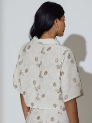 South Beach Cream Floral Sequin Embroidered Short Sleeve Shirt - Image 2 of 6