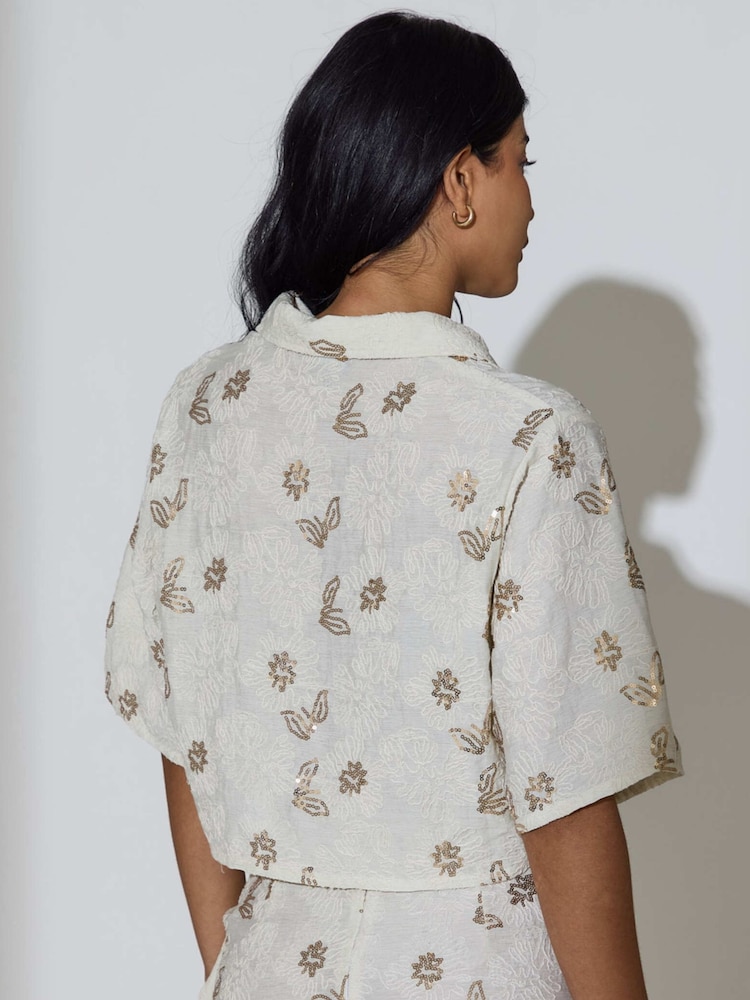 South Beach Cream Floral Sequin Embroidered Short Sleeve Shirt - Image 2 of 6