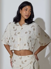 South Beach Cream Floral Sequin Embroidered Short Sleeve Shirt - Image 4 of 6