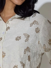 South Beach Cream Floral Sequin Embroidered Short Sleeve Shirt - Image 5 of 6