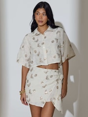 South Beach Cream Floral Sequin Embroidered Short Sleeve Shirt - Image 6 of 6