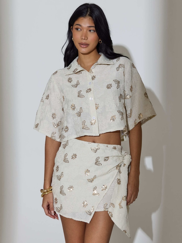 South Beach Cream Floral Sequin Embroidered Short Sleeve Shirt - Image 6 of 6