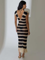 South Beach Black Crochet Fringed Detail Striped Midi Dress - Image 3 of 6
