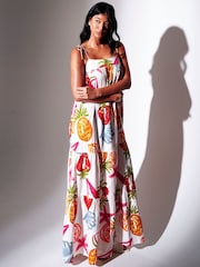 South Beach White Abstract Fruit Printed Strappy Tiered Maxi Dress - Image 1 of 5