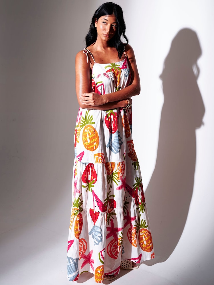 South Beach White Abstract Fruit Printed Strappy Tiered Maxi Dress - Image 1 of 5