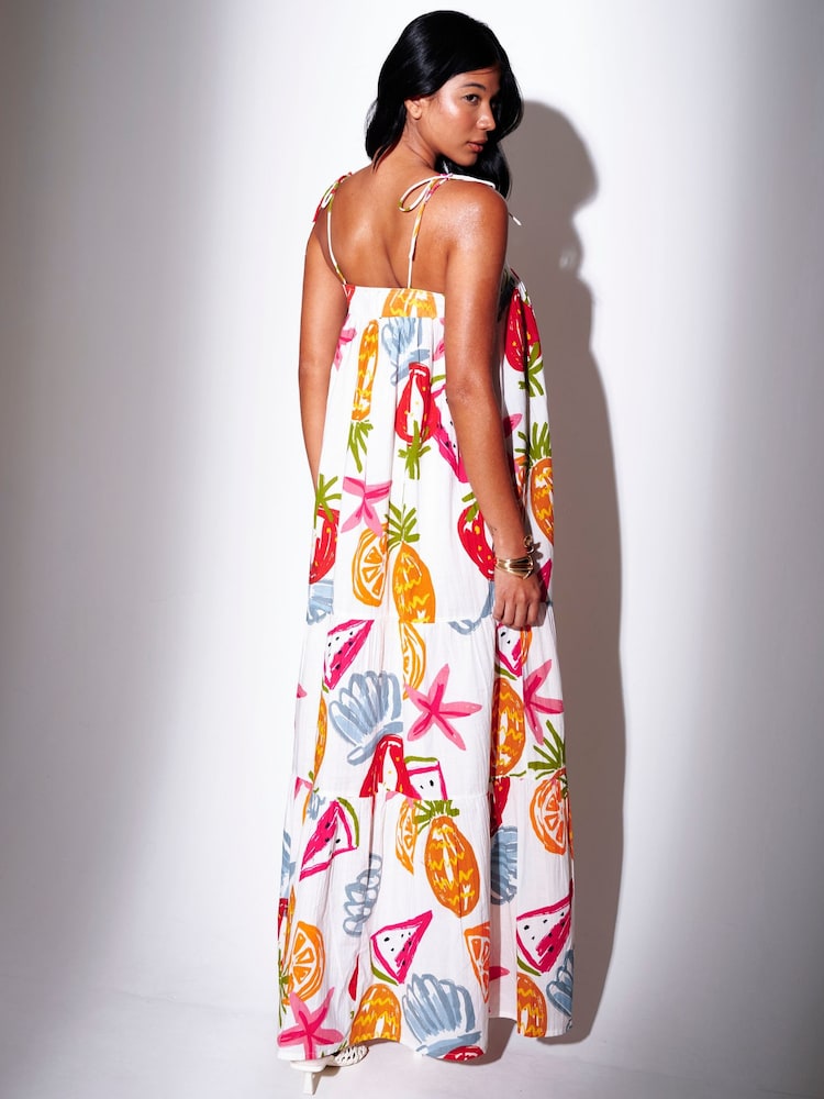 South Beach White Abstract Fruit Printed Strappy Tiered Maxi Dress - Image 2 of 5