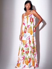 South Beach White Abstract Fruit Printed Strappy Tiered Maxi Dress - Image 5 of 5