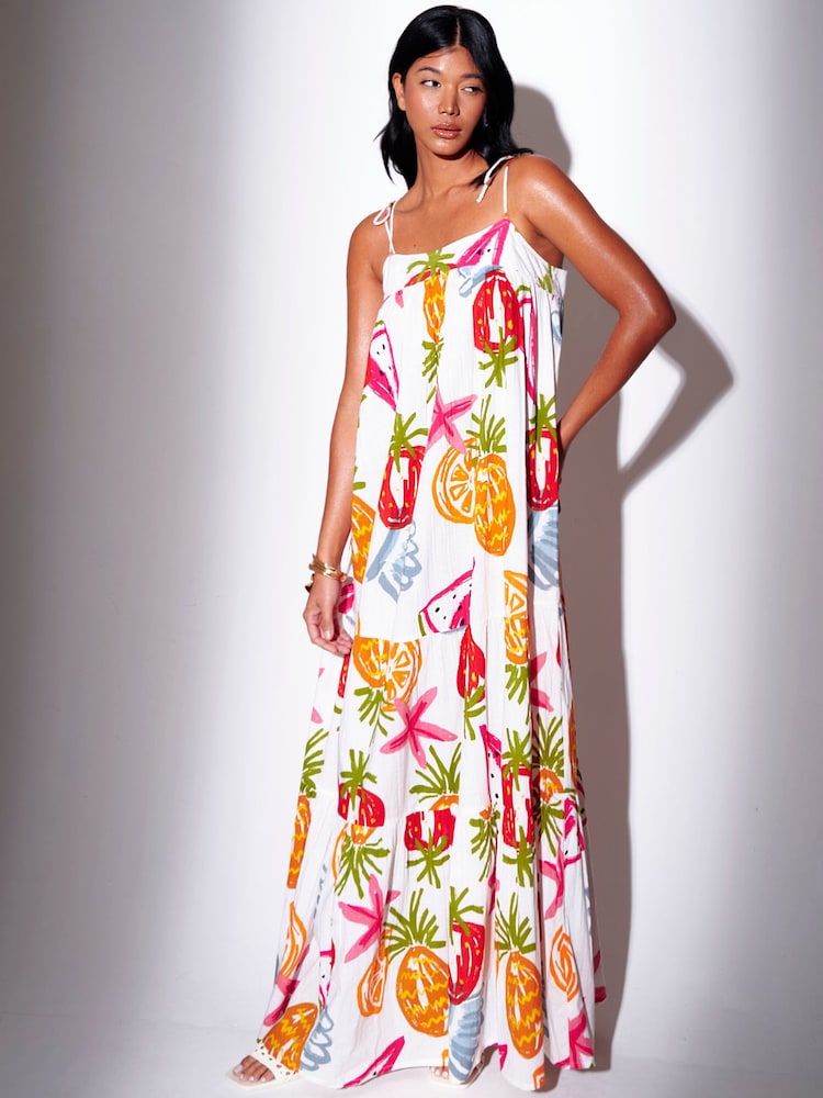 South Beach White Abstract Fruit Printed Strappy Tiered Maxi Dress - Image 5 of 5